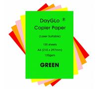 Dayglo Fluorescent 120gsm A4 Paper, 100 Sheets, 5 Colours, Red, Green, Orange, Pink, Red, Yellow (Green)