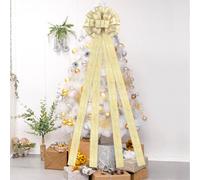 Dayker Christmas Tree Topper Bow, 51x13 Inches Extra Large Flax Wreath Bows, Beige Bowknot Ribbon Ornaments with Glitter Gold Edge, Handmade Xmas Decor for Home Outdoor Birthday Wedding Party