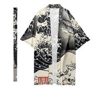 DAYKET Dressing Gown with belt - for Men Japanese Wave Printed Bath Robes Long Lightweight Nightgown Cardigan Coat,Black-M