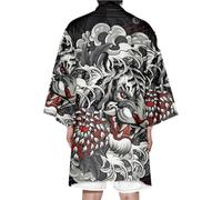 DAYKET Men's Japanese Robe Lightweight Kimono Dressing Gowns Printed Bathrobes Casual Open Front Cardigan Coat Outwear,Black-XS
