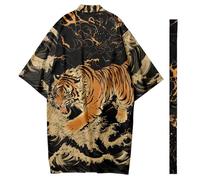DAYKET Mens Kimono Robe With Belt Tiger Printed Lightweight Open Front Cardigan Haori Jacket Coat Outwear,Black-M