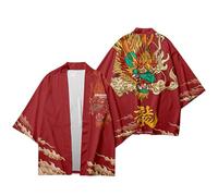 DAYKET Men's Short Kimono Cardigan Japanese Kimono Spring Summer Haori Jacket Yukata Coat Ukiyoe Baggy Tops,Red-L