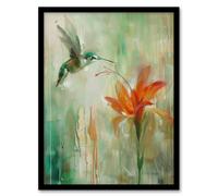Daylily Flower Hummingbird Orange Green Painting Framed Art Print Artery8 Green W12 inch x H16 inch