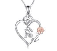 DAYLINLOVE Birthday Gifts for Women 925 Sterling Silver Sweet 16th Heart Necklace with Rose Pendant Jewelry for Sister Friends