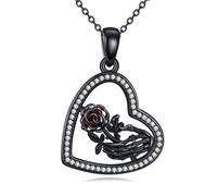 DAYLINLOVE Black Rose Necklace 925 Sterling Silver Goth Skeleton Hand Heart Shape Pendant Necklace Gothic Rose Jewellery Gifts for Women Girls