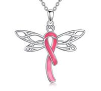 DAYLINLOVE Breast Cancer Necklace 925 Sterling Silver Dragonfly Pendant Necklace Pink Ribbons Breast Cancer Survivor Awareness Jewellery Gifts for Women Girls Mom Sister Grandma