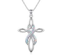 DAYLINLOVE Celtic Cross Necklace 925 Sterling Silver Celtic Knot Opal Pendant Necklace Religious Infinity Celtics Irish Jewellery Gift for Women Girls