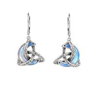 DAYLINLOVE Celtic Moon Earrings 925 Sterling Silver Celtic Knot Moonstone Leverback Dangle Drop Earrings Triangle Norse Irish Jewellery Gift for Women Girls