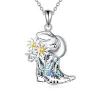 DAYLINLOVE Cowboy Boot Necklace 925 Sterling Silver Abalone Shell Western Cowgirl Hat Pendant Necklaces Texas Boot Jewelry Wild West Country Equestrian Gift For Women Cowboys Horse Lover