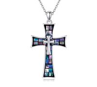 DAYLINLOVE Cross Necklace S925 Sterling Silver Mosaic Abalone Shell Necklace Religious Cross Pendant Christian Jewelry Gifts For Women Men