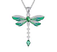 DAYLINLOVE Dragonfly Necklace 925 Sterling Silver Blue/Pink/Yellow/Purple/Green Zircon Dragonfly Pendant Necklace Vintage Bohemian animal Jewelry Gifts for Women Dragonfly Lovers (Green)