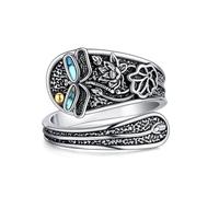 DAYLINLOVE Dragonfly Spoon Ring 925 Sterling Silver lotus Turquoise Adjustable Thumb Open Ring Turquoise Jewellery Gifts for Women Girls Dragonfly lotus Lover