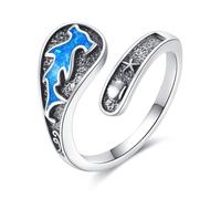 DAYLINLOVE Hammerhead Shark Spoon Ring 925 Sterling Silver Shark Blue Opal Adjustable Thumb Open Ring Ocean Jewellery Gifts for Women Girls