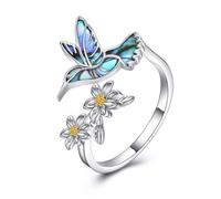 DAYLINLOVE Hummingbird Ring 925 Sterling Silver Abalone Shell Hummingbird Flower Ring Hummingbird Jewelry Gifts for Women Mom Hummingbirds Lovers