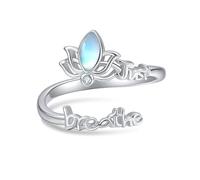 DAYLINLOVE Just Breathe Ring 925 Sterling Silver Lotus Moonstone Adjustable Thumb Open Ring Anxiety Inspirational Jewellery Gifts for Women Mom Grandma
