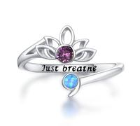 DAYLINLOVE Lotus Semicolon Ring 925 Sterling Silver Just Breathe Amethyst Blue Opal Adjustable Thumb Open Ring Mental Health Awareness Inspirational Jewellery Gifts for Women Girls