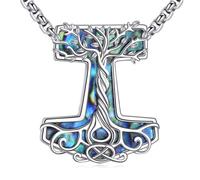 DAYLINLOVE Mjolnir Thors Hammer Necklace 925 Sterling Silver Tree of Life Abalone Shell Pendant Necklace Viking Norse Pagan Nordic Jewellery Gifts for Women Men