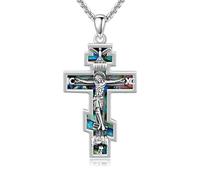 DAYLINLOVE Orthodox Cross Necklace 925 Sterling Silver Crucifix Abalone Shell Pendant Necklace Christian Religious Amulet Catholic Jewellery Gifts for Women Men