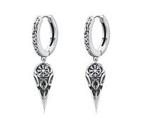 DAYLINLOVE Raven Skull Hoop Earrings for Men S925 Sterling Silver Viking Crow Bird Skull Dangle Drop Earrings Norse Gothic Jewelry Halloween Gifts for Husband Dad Women