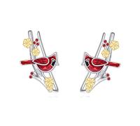DAYLINLOVE Red Cardinal Ear Crawler Cuff Earrings 925 Sterling Silver Cardinal Flower Ear Climbers Studs Red Cardinal Jewelry Gift for Women Mom Wife