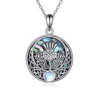 DAYLINLOVE Scottish Thistle Necklace 925 Sterling Silver Scottish Symbol of Love Abalone Shell Moonstone Pendant Necklace Scottish Nordic Pagan Jewellery Gifts for Women Girls Scottish Thistle Lover