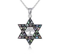 DAYLINLOVE Star of David Necklace 925 Sterling Silver Tree of Life Abalone Shell Pendant Necklace Hexagon Jewish Star Religious Jewellery Gifts for Men Women