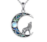 DAYLINLOVE Wolf Necklace 925 Sterling Silver Moonstone Abalone Shell Moon Wolf Jewelry Gift for Women Friend