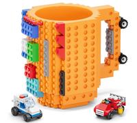 DAYMOO Build-on Brick Mug Set with 2 Random Packs of 2-in-1 Bricks, Funny Cool Coffee Mugs for Kids Men Him Dad Boys and Girls, Novelty Gifts for Christmas Xmas Easters Birthdays - Orange