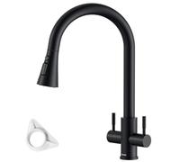 DAYONE Matte Black Kitchen Tap with Pull Out Spray, Dual Lever Sink Mixer Taps, SUS304 Stainless Steel Sink Mixer for 1 Hole, 360° Swivel High Arc Tap with 3 Spray Modes, Double Handles Kitchen Faucet