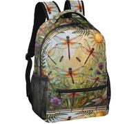 Daypack Minimalist Look Twill Weave Fabric 6 Compartments for Teens 7-18, Dragonflies Stained Glass Beads Pearl 3-d Colorful Floral Ixr, S, Daypack
