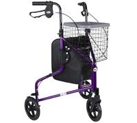 Days Lightweight Aluminium 3 Wheel Walker - Height Adjustable and Foldable Mobility Aid for Elderly - Triwalker with Basket, Tray, Bag and Lockable Brakes - Indoor and Outdoor Walker - Purple