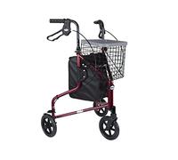 Days Lightweight Aluminium 3 Wheel Walker - Height Adjustable and Foldable Mobility Aid for Elderly - Triwalker with Basket, Tray, Bag and Lockable Brakes - Indoor and Outdoor Walker - Ruby Red