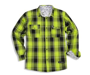Days Pay Co. Hi-Vis Flannel Work Shirt, Heavyweight Plaid Button-Up, Long Sleeve Construction Workwear, Bright Green, Large