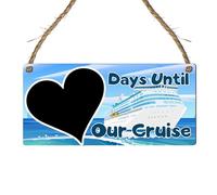 Days Until Our Cruise Countdown Sign - Fun & Stylish MDF Wooden Plaque with Heart Chalkboard for Holiday Vacation Countdown - Ready to Hang with Rustic Rope (Blue, Without Pen)