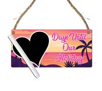 "Days Until Our Holiday" Countdown Plaque - Customised Vacation Chalkboard Sign in MDF Wood - Beach and Sunset Themed Holiday (Pink, With Pen, Large: 29 cm (H) × 13.5 cm (W))