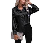 Daysskk Elegant Satin Button Down Shirts - Long Sleeve Formal Blouses for Women - Black, Dressy XXL
