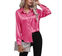 Daysskk Satin Blouses for Women UK Elegant Dressy Casual Rose Long Sleeve Formal Shirts Button Down Tops L