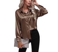 Daysskk Silk Button Down Shirts for Women Tops Work Business Casual Office Tunic Blouse Ladies Satin Blouses Long Sleeve Dressy Casual Formal Shirts for Women Coffee XL