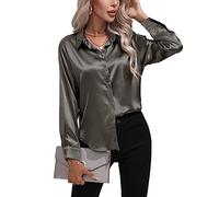 DaysSKK XXL Elegant Satin Dark Grey Button Down Formal Shirts; Long Sleeve Satin Tops with XXL Size