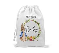 Daytripper Personalised Happy Easter Bag For Girls Boys Easter Egg Hunt Children's Gift Bags Kids Custom Bunny Rabbit Sack Any Name Reusable Sacks (BLUE)