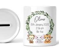 Daytripper Personalised Piggy Bank for Babies, Newborn Boy or Girl Gifts, Safari Money Box, Custom Name Savings Jar, Jungle Decor, Ceramic Keepsake, White, 9.2cm x 7.9cm