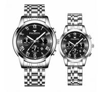 dayutech 2PCS Valentines Couple Pair Watches Men and Women Luminous Calendar Waterproof Gold Silver Stainless Steel Blue Face his and Hers Watches Set Lovers Set Wedding, Black silver