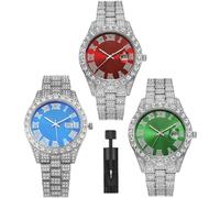 dayutech 3 Pack Diamond Iced Out Watches for Men, Calendar Stainless Steel Hip Hop Big Face Bracelet Dress Jewerly Roman Numerals Dial Quartz Wristband Watch Bulk Set for Men