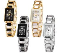 dayutech 4 Pack Women's Rectangular Watches Vintage Dress Analog Quartz Ladies Ceramic Bangle Bracelet White Rose Gold Silver Tone Jewelry Watches for Women Ladies Set