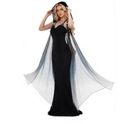 DAZCOS Women's Chiffon Hooded Cape Elf Sheer Cloak Tulle Bridal Off Shoudler Capelet, Black, One Size