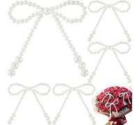 DAZEBRA 5pcs Pearl Bow Cake Toppers, Bowknot Cupcake Toppers, Bow Cake Decorations DIY Embellishments for Birthday Celebration Wedding Themed Party Bridal Showers Engagement- White