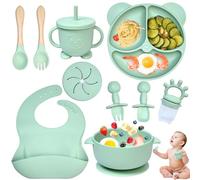 Dazhtu 10 pcs Baby Weaning Set Silicone Baby Feeding Set with Suction Bowl, Adjustable Bib,Cup,Fork & Spoo,Silicone Plate Baby, Food Plate Kit, Ideal Baby Feeding Set for Baby Gifts, Green