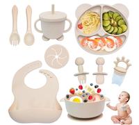 Dazhtu 10-Piece Baby Weaning Set - Silicone Feeding Set with Suction Bowl, Adjustable Bib, Cup, Fork & Spoon, Food Plate Kit, Ideal for Baby Gifts, Beige