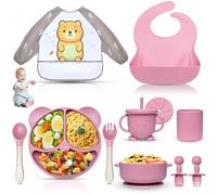 Dazhtu 11 pcs Baby Weaning Set, Silicone Baby Feeding Set with Suction Bowl, Adjustable Bib,Cup,Fork & Spoon,Silicone Plate Baby, Food Plate Kit, Ideal Baby Feeding Set for Baby Gifts(Pink)