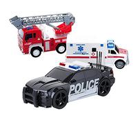 Dazmers Friction Powered City Hero Play Set Including Fire Engine Truck, Ambulance, Police Car - 3-Pack Emergency Vehicles with Light and Sound